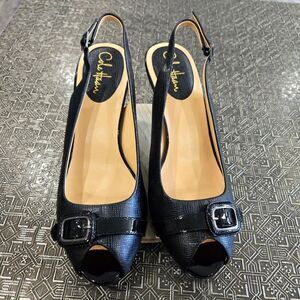 🐢 Cole Haan Black Snake Skin Adjustable Strap  Buckle Open Toed Pump 10B
